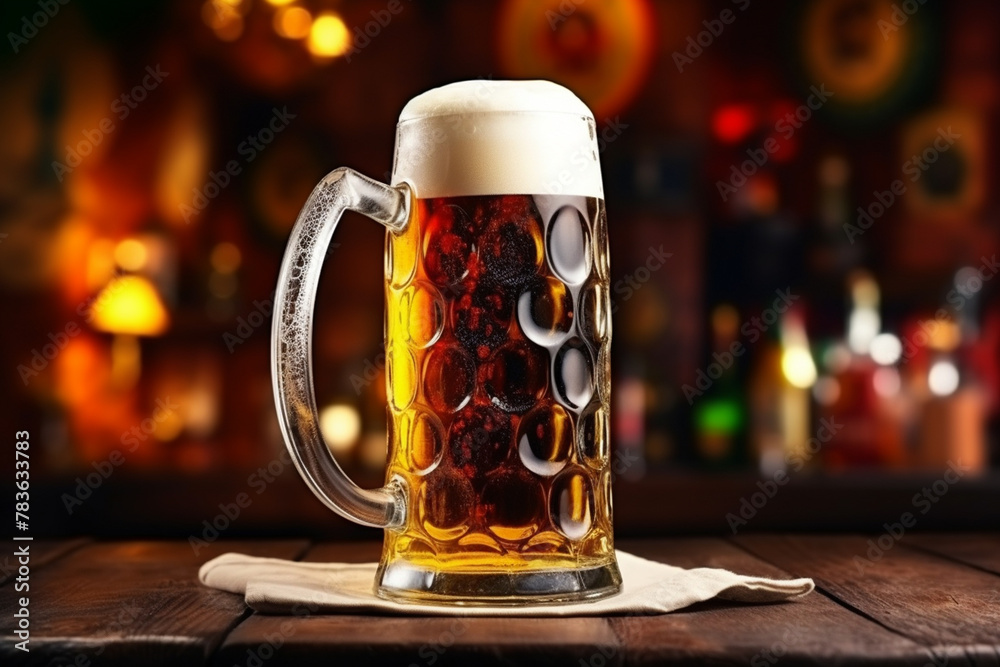 Banner consisting from foamy German beer in large glass mug for celebration holiday Oktoberfest, Ai generated