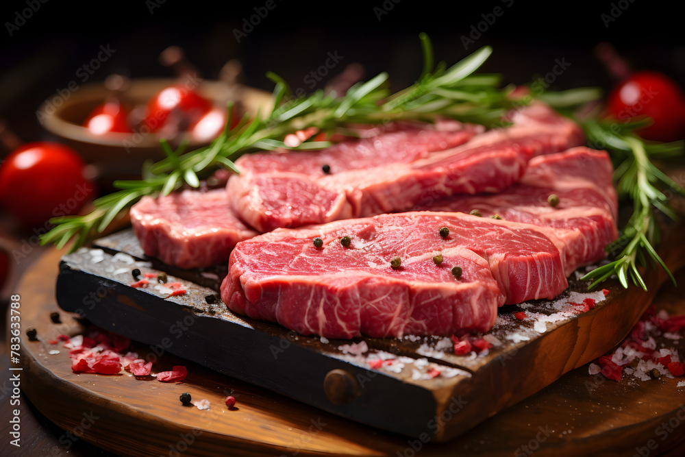 Top round steak on a farmers market stand Top round steak on a farmers market stand