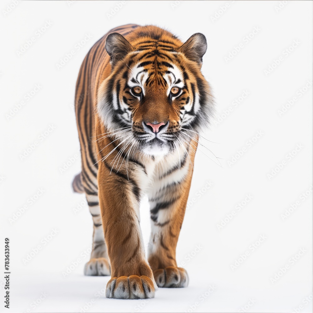 Majestic tiger approaching the camera on a clean white backdrop, depicting the power and grace of wildlife.