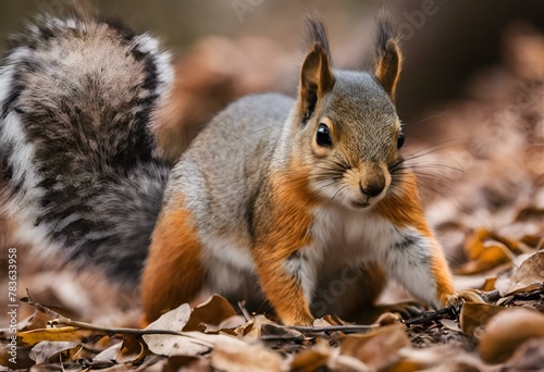 AI generated illustration of a squirrel perched on fallen leaves in the forest  gazing down