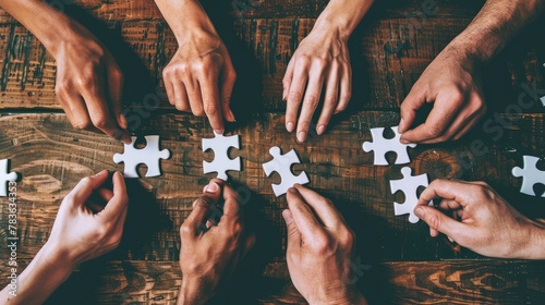 AI generated illustration of teamwork and collaboration concept with hands assembling jigsaw puzzle photo