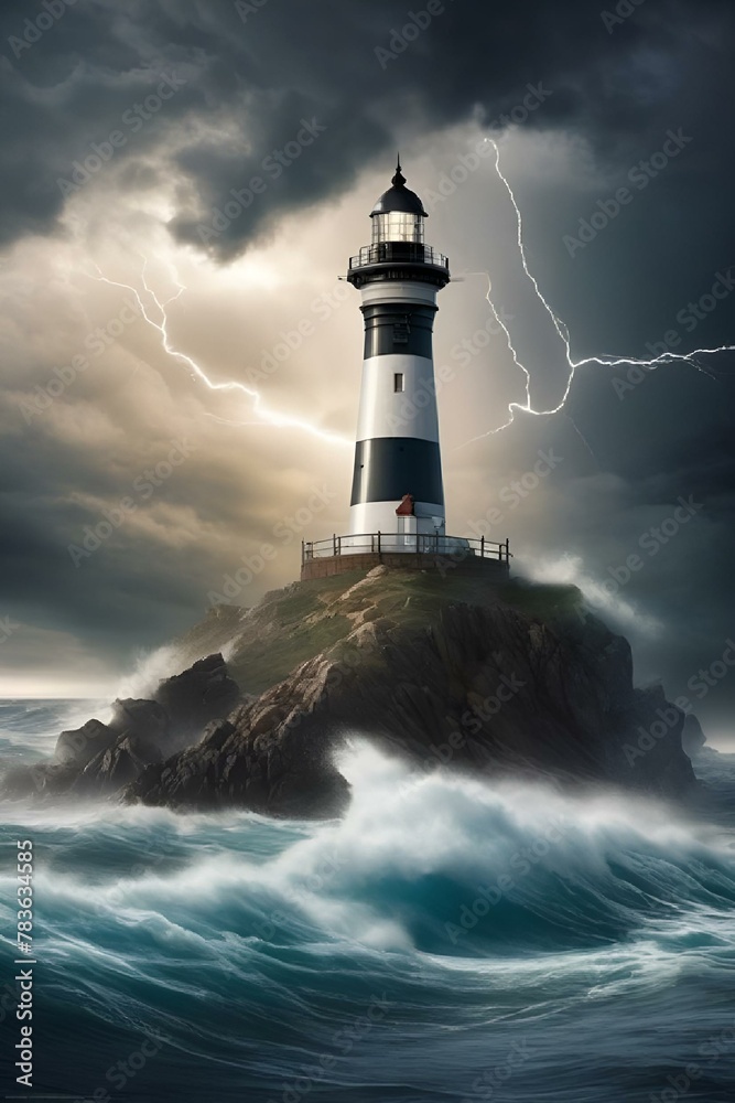 AI generated illustration of a classic lighthouse by the shore near stormy waves