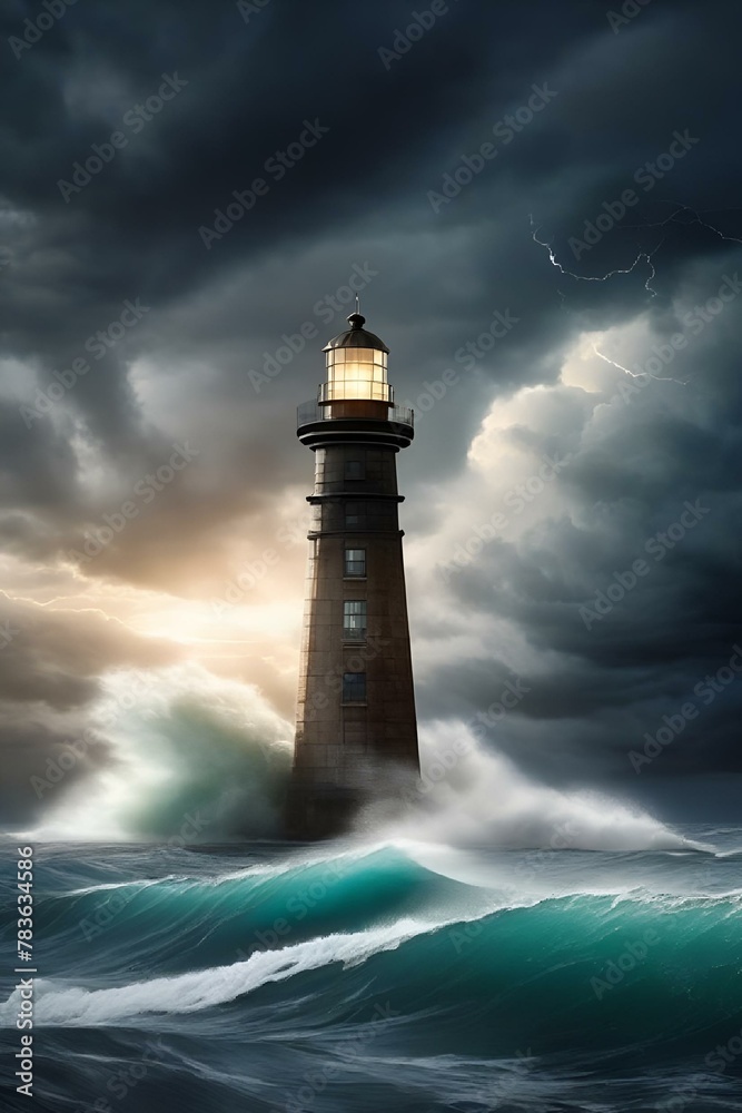 AI generated illustration of a classic lighthouse overlooks a vast body of water