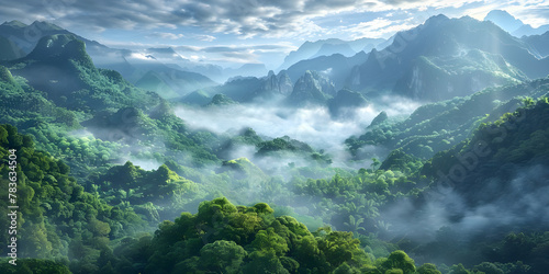 Panoramic view of misty mountains and lush green valleys - Ai Generated