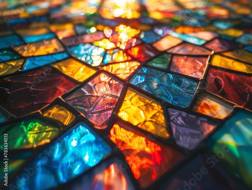 AI generated illustration of vibrant glass fragments close-up on table surface
