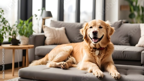 A joyful golden retriever dog lies on a nice sofa in a modern living room.