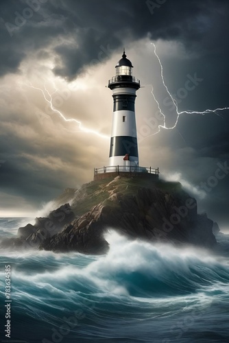 AI generated illustration of a classic lighthouse by the shore near stormy waves