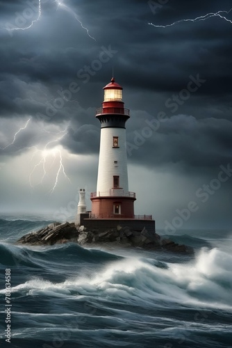 AI generated illustration of a classic lighthouse at water's edge on rocks