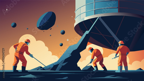 A group of miners works frantically to repair a large rupture in their primary storage tank caused by a stray asteroid fragment colliding with