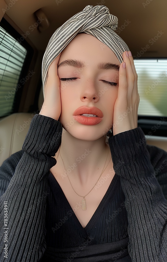 a woman with both hands wrapped around her cheeks and a funny expression. generative AI a woman with both hands wrapped around her cheeks and a funny expression. generative AI