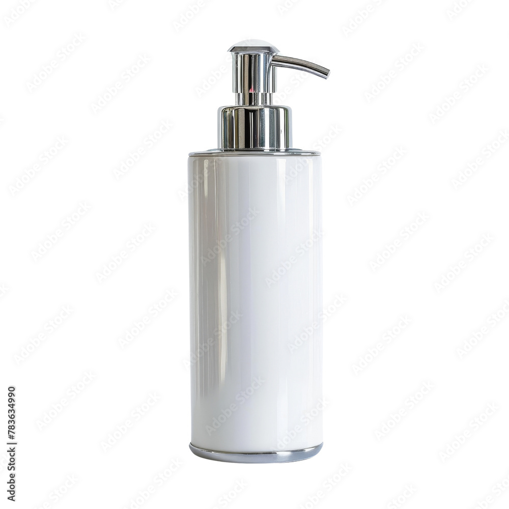 Modern White Soap Dispenser with Chrome Pump, Focusing on Hygiene and Bathroom Accessories. Modern White Soap Dispenser with Chrome Pump, Focusing on Hygiene and Bathroom Accessories.