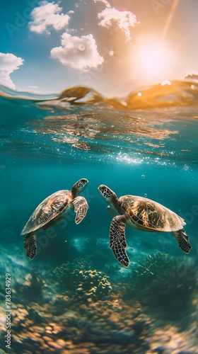 two green sea turtles swimming under water in the sunlight with sun shining behind them