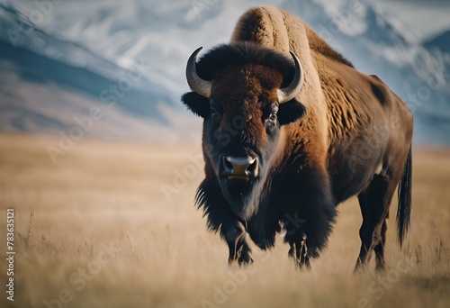 AI generated illustration of a Bison with mountains in the background