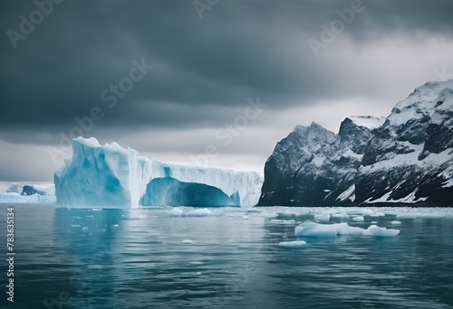 AI generated illustration of An arctic iceberg surrounded by floating chunks of ice © Wirestock