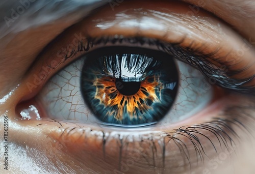 AI generated illustration of a close-up of a human eye with a fiery iris #783635506
