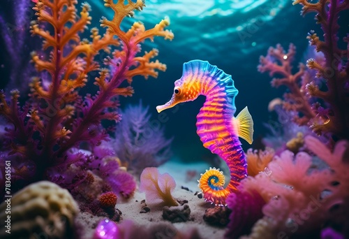 AI-generated illustration of a vibrant yellow and purple seahorse in a deep blue sea