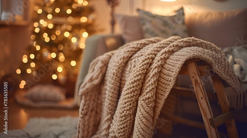 a cozy blanket draped over an easer in front of a christmas tree