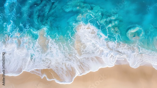 Beach, waves in the sea, white sand beach, top view, blue water wave background, light color. For Design, Background, Cover, Poster, Banner, PPT, KV design, Wallpaper