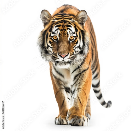 A powerful tiger walks directly towards the viewer  exuding confidence and grace against a white background.