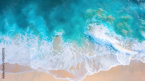 Beach, waves in the sea, white sand beach, top view, blue water wave background, light color. For Design, Background, Cover, Poster, Banner, PPT, KV design, Wallpaper