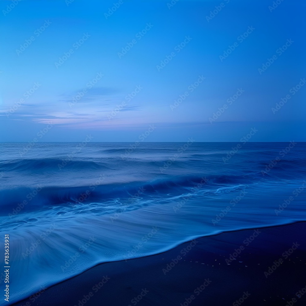 AI generated illustration of a stunning blue ocean with a full moon shining over the beach