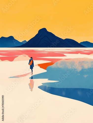 AI generated illustration of a person walking on a sandy beach by mountains in the desert