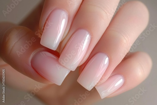 Close-up of a hand showcasing a professional manicure with shiny pink polish  perfect for beauty and fashion concepts.