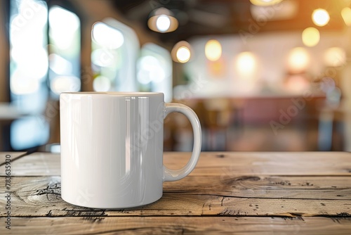 White blank coffee mug on the top of wooden table and blurred interior background, blank space for text.