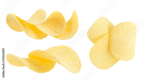 Set of potato chips slices isolated on white background
