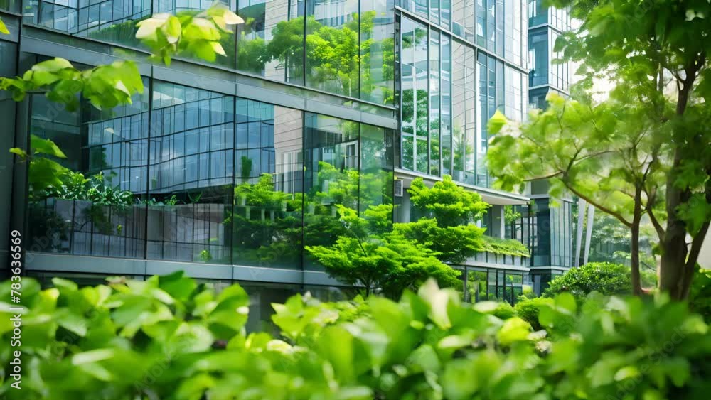Architecture a modern glass building with a lot of green plants trees and bushes for business architecture environmental friendly, design, exterior, sky, garden