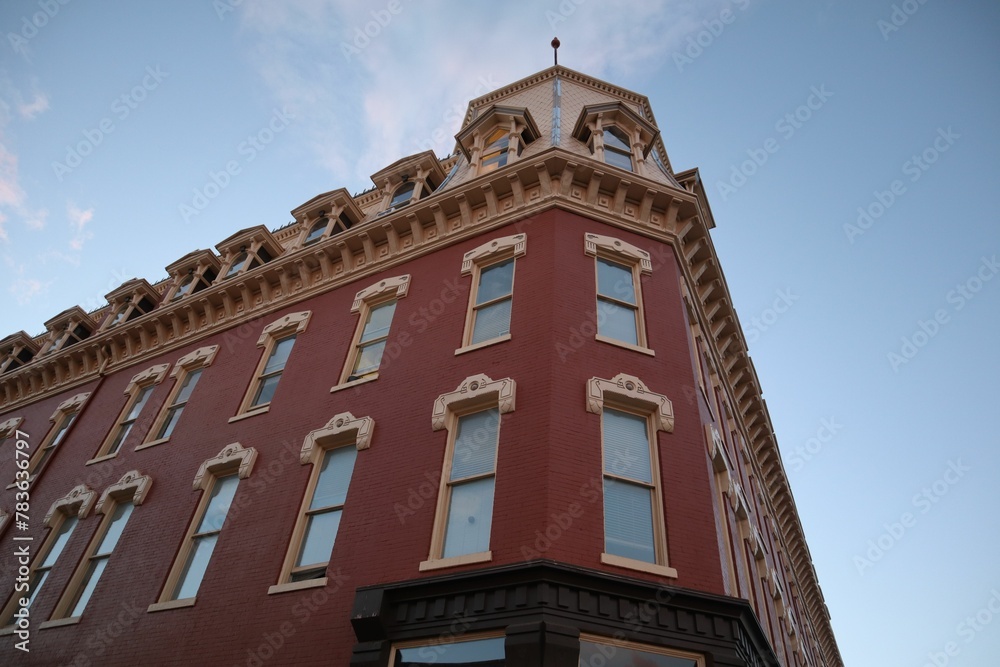 Low angle shot of a red brick building in Leadville, Colorado, USA