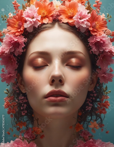 AI-generated illustration of a young woman with closed eyes adorned with spring flowers