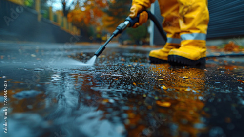Close up of a worker perform deep cleaning with high-pressure equipment, rejuvenating driveways in a professional cleaning service. © tong2530