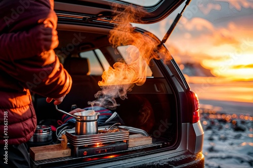 person in winter coat with a pot and spoon cooking food in back of car