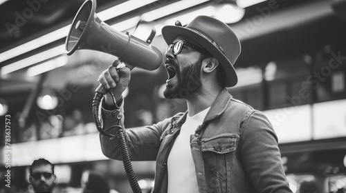 Male activist protesting with megaphone during a strike with group of demonstrator in background. A powerful symbol of resilience, his unwavering commitment inspires.