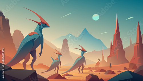 Moving along the rocky terrain a herd of siliconebased creatures with elongated bodies and iridescent scales can be seen grazing on the photo