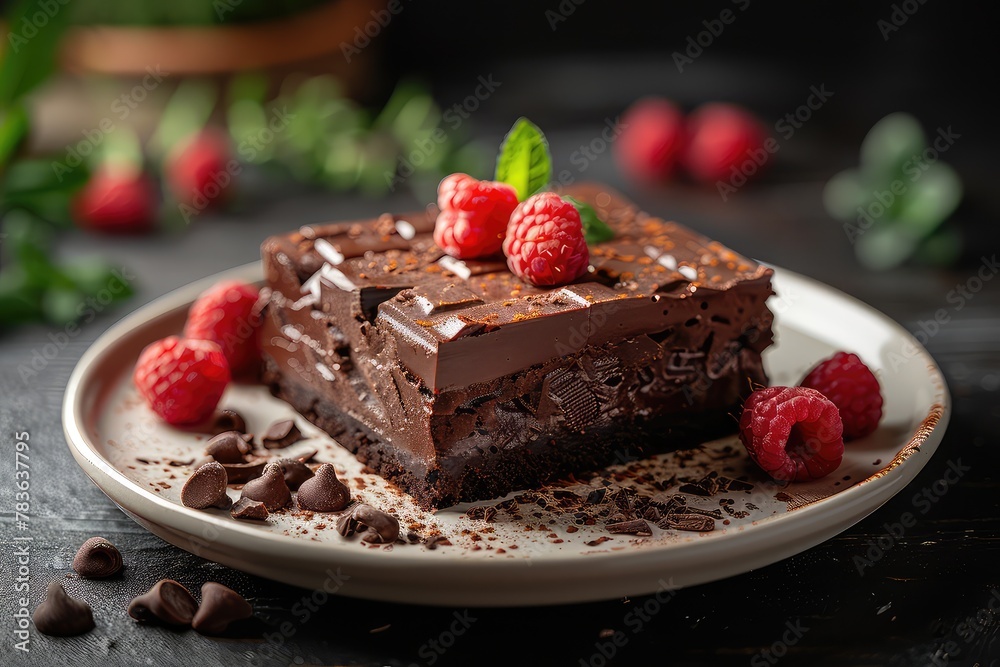 Gourmet chocolate dessert elegantly presented on the plate. Artfully crafted temptation, pure chocolate elegance. Gourmet chocolate dessert elegantly presented on the plate. Artfully crafted temptation, pure chocolate elegance.