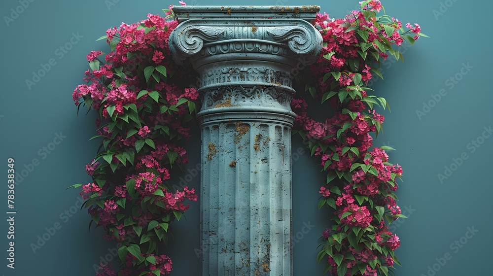Ancient Greek Pillar Isolated On Blue Background With Flowers Doric