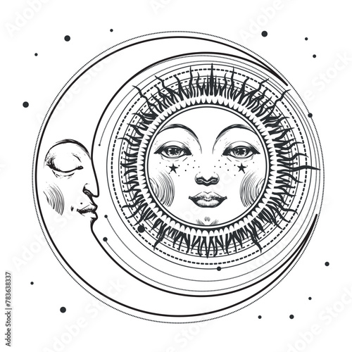 Sun with face and crescent moon, mystical boho illustration, astrology print, horoscope icon for witch. Magic hand drawing isolated on white background. © Tanya