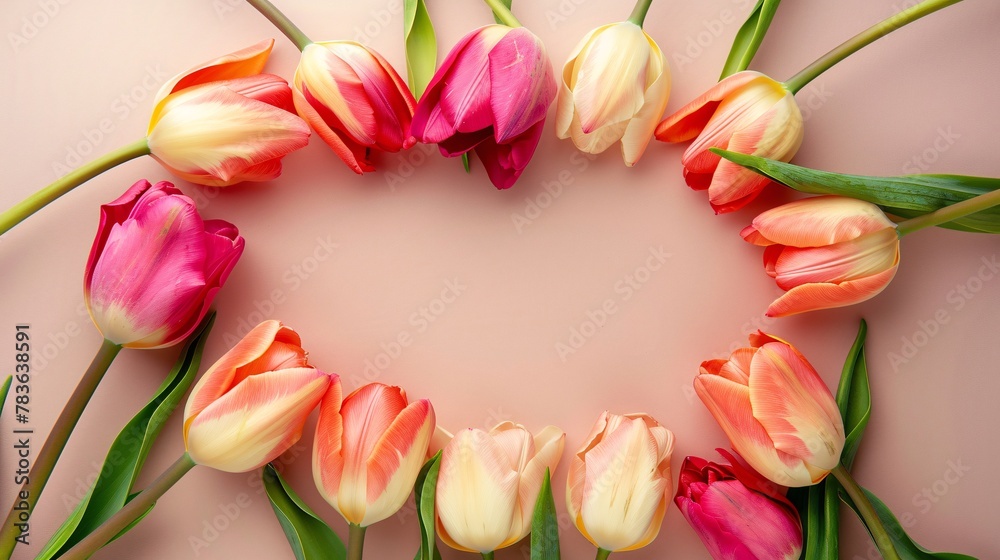 spring colorful tulips frame on background