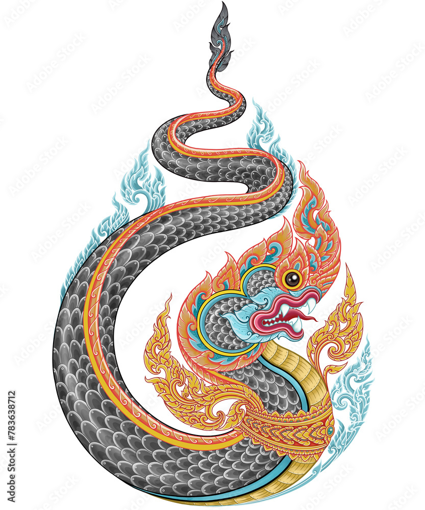 Hand-drawn depiction of a slithering Naga in the manner of Thai art ...