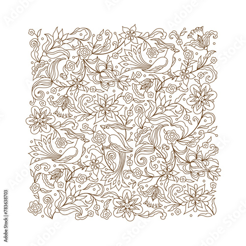 Vector floral square pattern with birds, vignette, card design template. Elements in Oriental style. Ornate decoration, floral contour illustration. Linear ornament. Isolated ornaments.