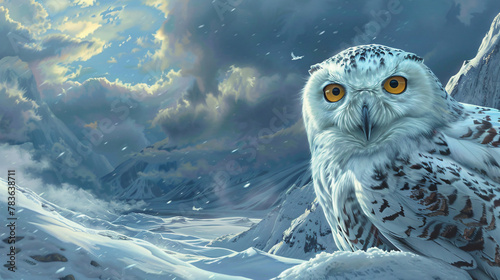 A snowy owls intense gaze against a snow photo