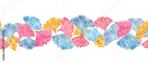 Seamless border with leaf imprints. Blue, pink, golden biloba leaves. Banner isolated on white background. Ginkgo, palm, dry abstract fan leaves. Watercolor illustration of leaf silhouettes photo