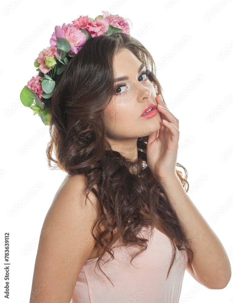 Cheerful brunette woman with fresh flower on her head. Spring, cosmetic, beauty, skin care and hair care concept