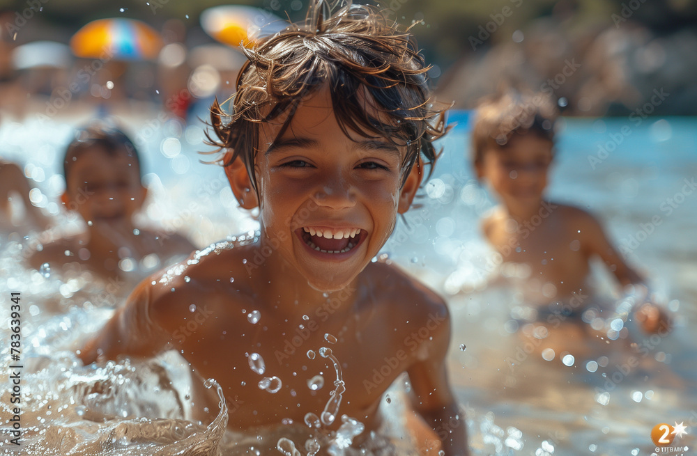 A photo of happy boys playing in the water at beach, children having fun on summer vacation at sea, kids laughing and splashing with joy, clear blue sky background Generative AI