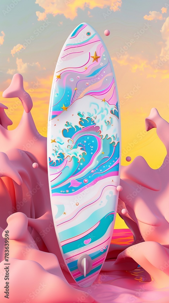 Surfboard and waves in a psychedelic pattern 3d style isolated flying objects memphis style 3d render AI generated illustration Surfboard and waves in a psychedelic pattern 3d style isolated flying objects memphis style 3d render AI generated illustration