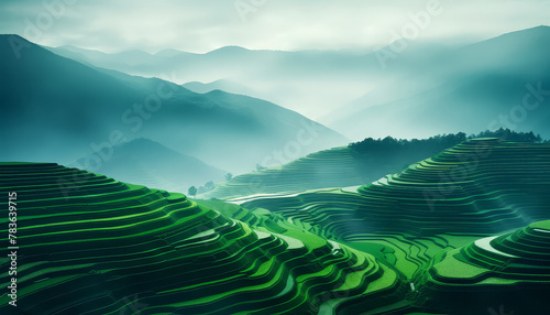 A green hillside with a mountain in the background