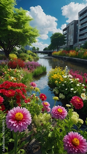 Colorful flowers line the riverbank with buildings and a clear blue sky, AI-generated.