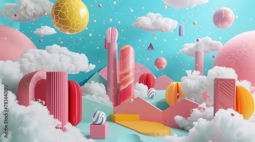 Surreal toy landscapes with floating objects  3d style isolated flying objects memphis style  3d render   AI generated illustration